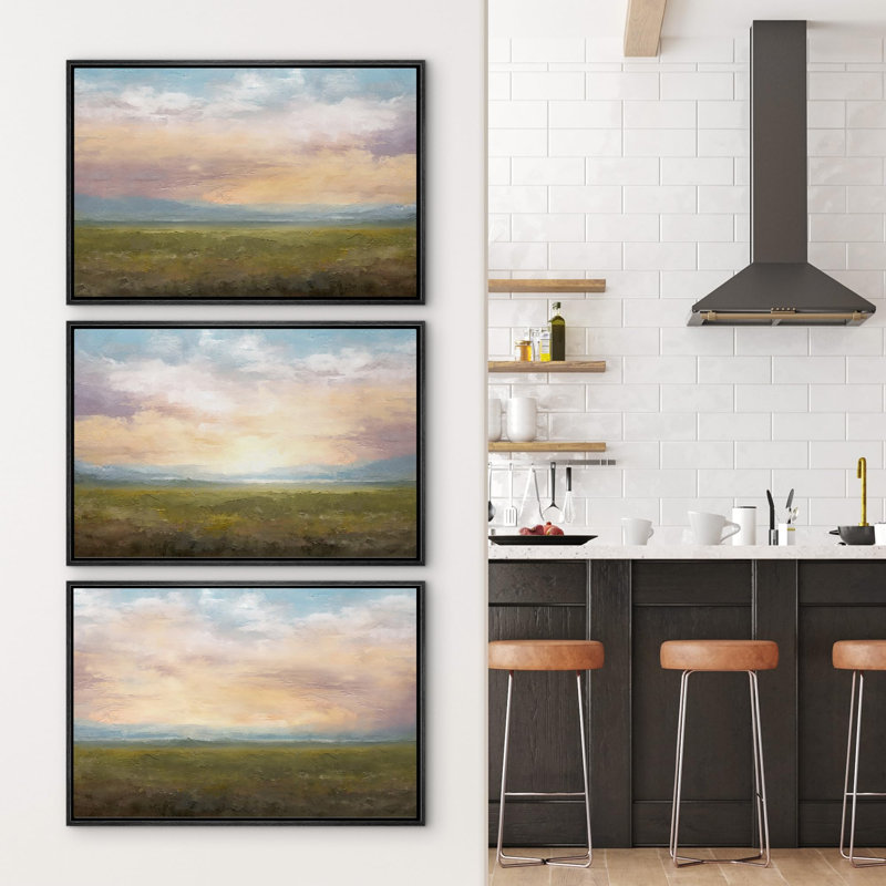 Campagne rustique, coucher de soleil, ciel, campagne française, paysage sauvage, nature, illustrations, 3 pièces, Cadre noir