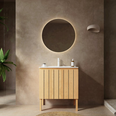 Meuble-lavabo de 36 po avec lavabo en céramique et meuble de rangement en rotin avec deux portes et un tiroir