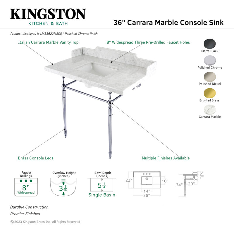 Kingston Brass Habsburg 36-Inch Carrara Marble Console Sink with Brass Legs (8-Inch, 3-Hole), Marble White/Polished Chrome