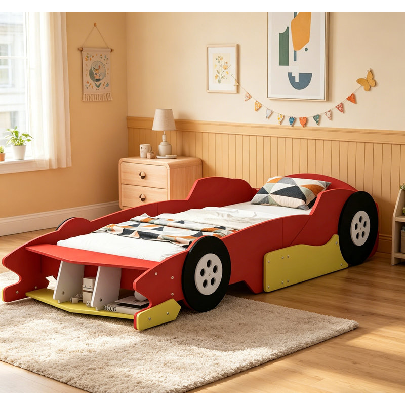 Lit plateforme simple en forme de voiture de course avec roulettes, confortable et durable pour les chambres d'enfants