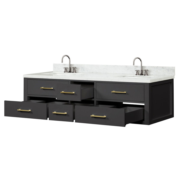 72 po Meuble-lavabo double W noir, comptoir en marbre, robinet, fermeture en douceur, meuble-lavabo noir en bois massif, comptoir, robinet inclus, armoire