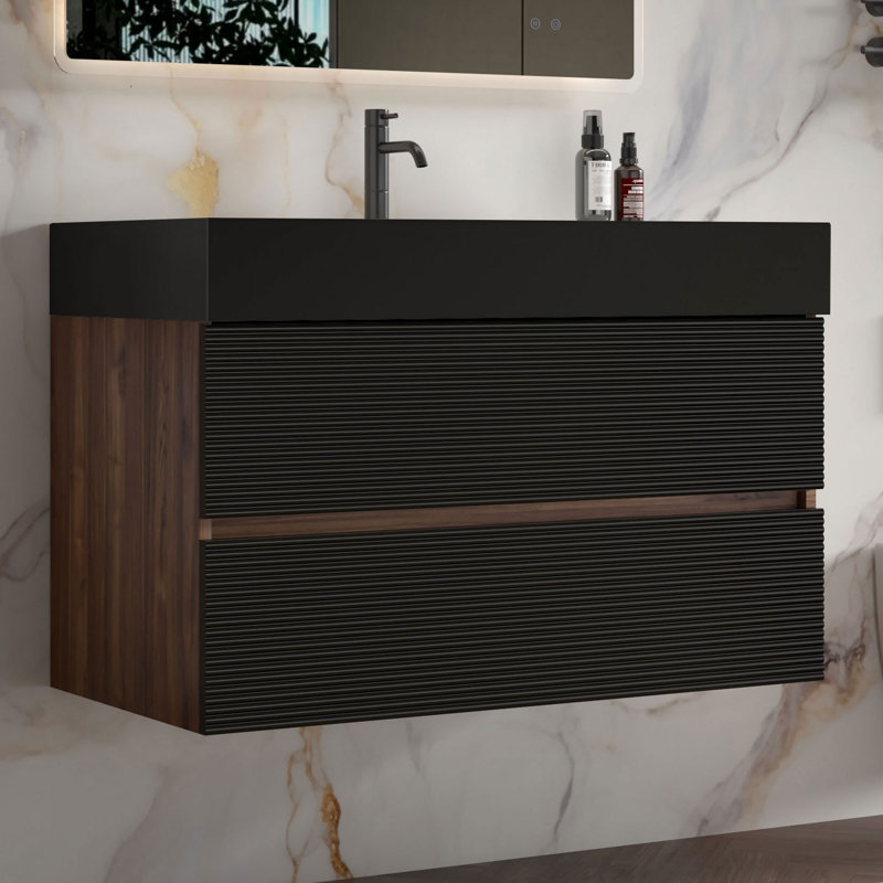 Meuble-lavabo mural avec plateau noir mat, Noir mat, 36", Noyer foncé