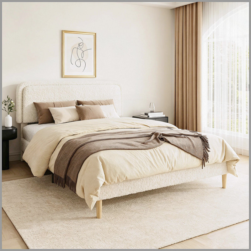 Structure de grand lit, lit plateforme rembourré moelleux avec tête de lit réglable en hauteur, structure robuste et Alats, conception silencieuse, compatible avec les matelas sans ressorts, facile à assembler, beige
