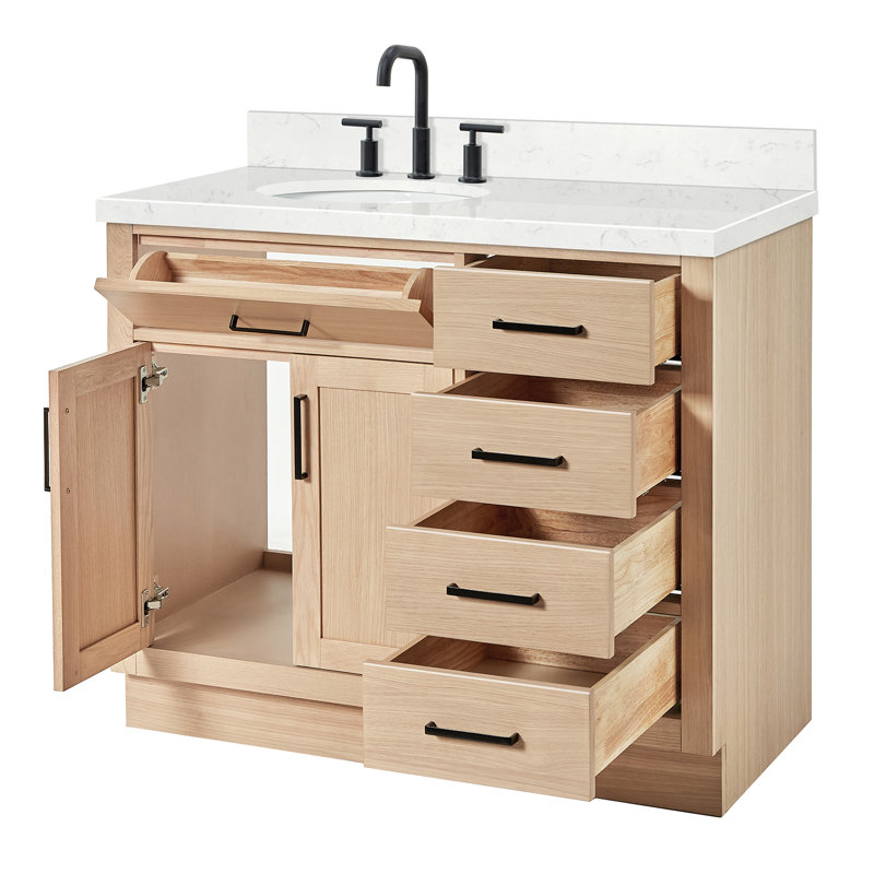 Meuble-lavabo simple en bois massif 42 po Tidworth avec plateau en quartz Carrara de 1,5 po, Gauche, Ovale, Chêne naturel