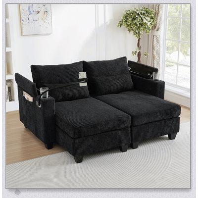 Canapé-lit convertible avec méridienne de 63 pouces avec revêtement en velours côtelé, ports USB, porte-gobelets, support pour téléphone et grand espace de rangement pour le salon et la chambre à coucher
