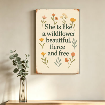 Toile, art mural rétro, impression de métal vieilli, elle est comme une fleur sauvage, magnifique citation florale bohème féroce et gratuite