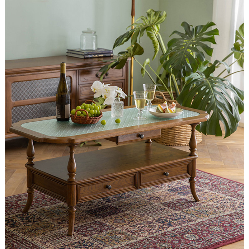 Table basse en bois massif vintage en verre trempé