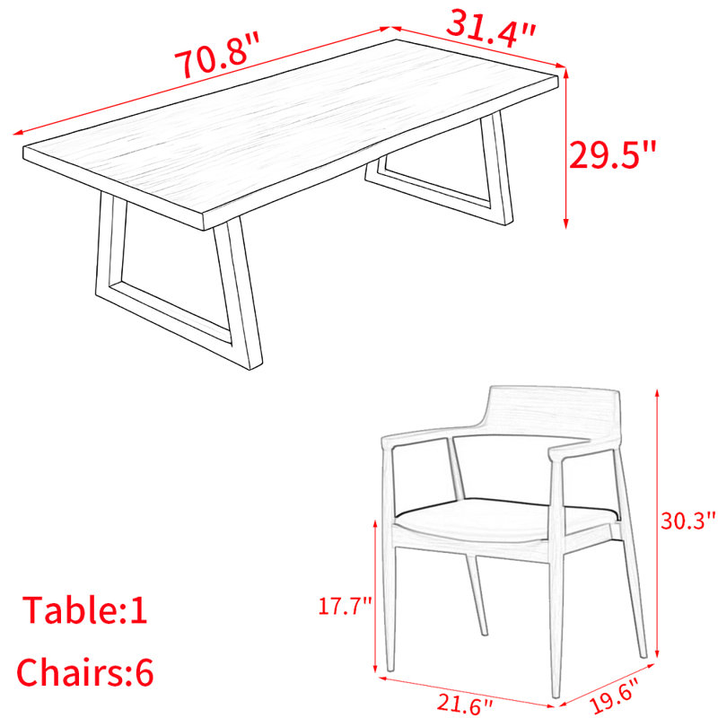 American style retro solid wood dining table set, 29.5"H x 70.8"L x 31.4"W