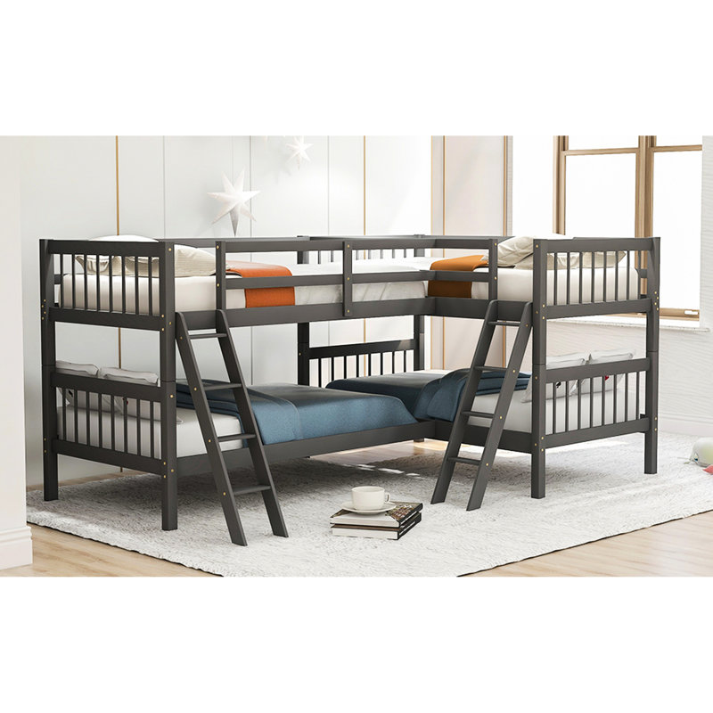 Lit superposé gris en forme de L avec. Bois massif. Polyvalent et élégant. Parfait pour les invités qui dorment. Pas de boîte à ressorts. Barrières de sécurité sécuritaires. 76 po x 39 po. Limites de poids de 175 lb / 275 lb Assemblage requis