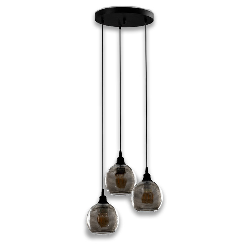 Luminaire suspendu en métal 3 lumières à hauteur réglable avec capuchon en verre fumé
