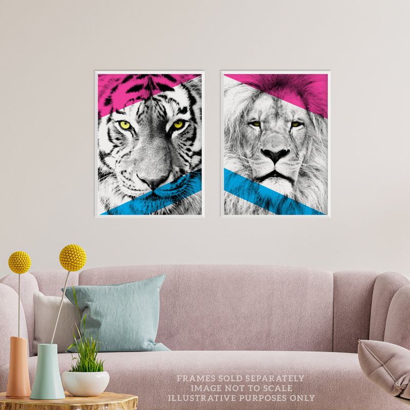 Neon Tiger Lion Vivid Jungle Animal Portrait Bold Geometric - 2 Piece No Frame Print Set, 29.7cm H x 21cm W x 0.4cm D