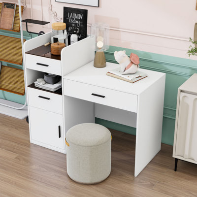 Makeup Vanity with Flip-Top Mirror, Hidden Storage Cabinet, Glass Top and Drawers