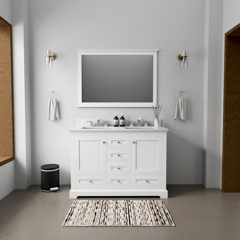 Dukes 48 in. W x 22 in. D Double Bath Vanity, Faucet Set, & 46 in. Mirror, White, White Carrara Marble