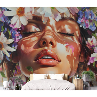 Floral Beauty Portrait Wallpaper – Artistic Woman Face Wall Mural With Daisies And Wildflowers