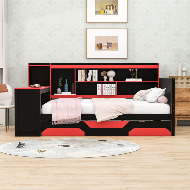 Wood Daybed with 3 Drawers, Desk, Lights, Shelves and Charging Station, Queen, Black/Red