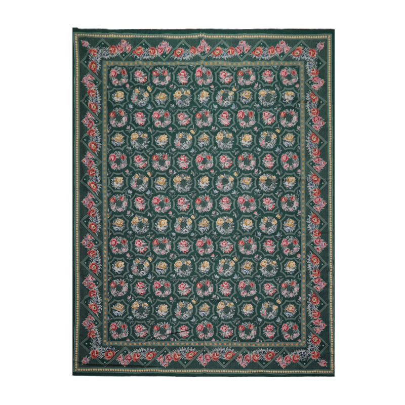 Tapis oriental oriental vert en laine tissé à plat à la main 9 pi x 12 pi