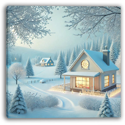 Winter Bliss: Illuminated Cottage in a Snowy Wonderland Print Canvas Art
