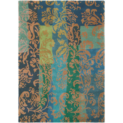 Tapis rosé/bleu marine en laine noué la à la main floral Aylor