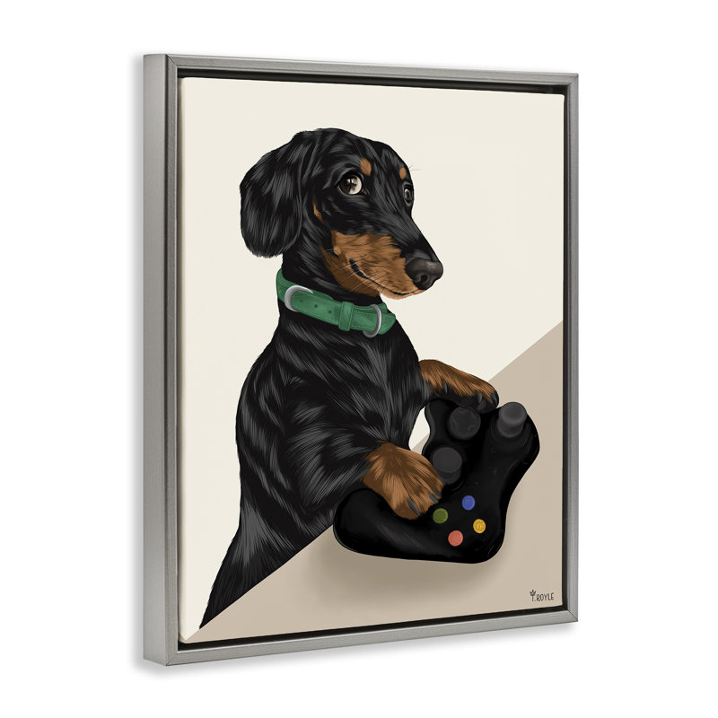 «Gamer Dachshund Dog» par Tara Royle, Cadre flottant gris lustré, H 21 po x l 17 po