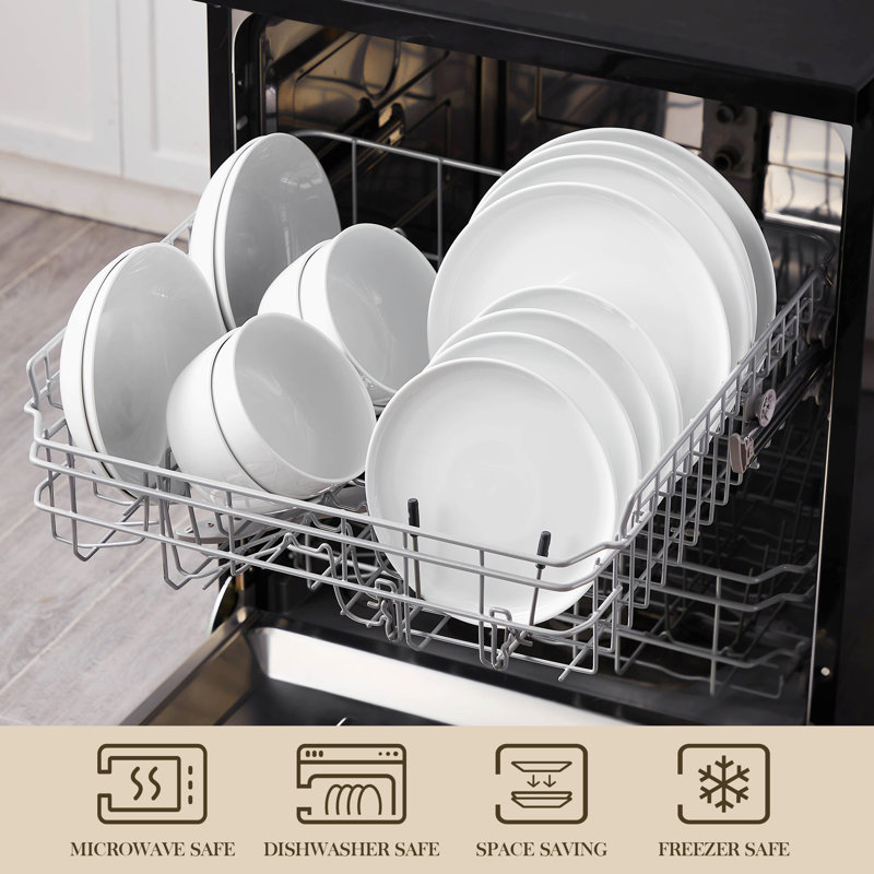 16 Pieces Dinnerware, Pocelain Round Plate, Dinner Plate, Dessert Plate, Soup Bowl and Bowl with Vertical Edge, Serve For 4 Person, Plain White