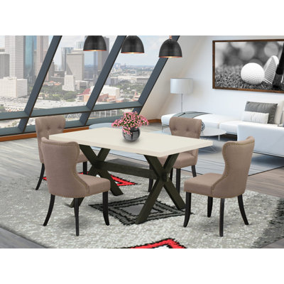 5 Piece Modern Dining Table Set Includes a Rectangle Wooden Table with X-Legs and 4 Coffee Linen Fabric Parsons Dining Chairs, Wire brushed Black