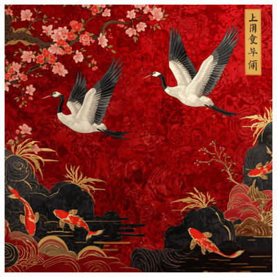Cranes Cherry Blossoms Koi Wall Tapestry - Birds Wall Decor
