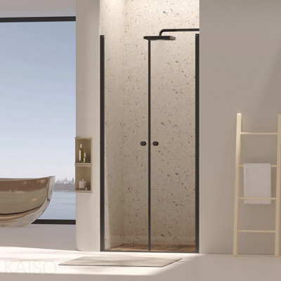 Porte de douche pivotante sans cadre, portes de verre pivotantes avec verre trempé transparent de 1/4 po (6 mm), film antidéflagrant, installation réversible, nickel brossé (noir mat, 34 po x 72 po)