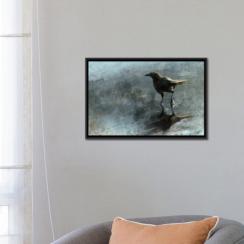 «Bird in a Puddle», impression sur toile, H 18 po x l 26 po x P 1,5 po, Toile avec cadre noir, Pas de tapis