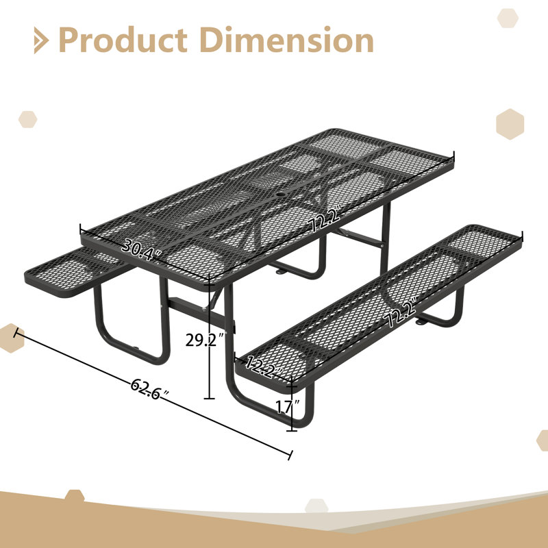 Metal Picnic Tables for Outdoors with Umbrella Hole - Coated Steel Heavy Duty Commercial Grade Table, Black