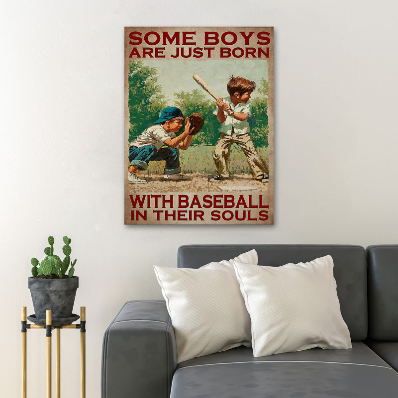Petits garçons jouant au baseball - Certains garçons sont juste nés avec… Toile tendue avec châssis - Illustration de sport, décor de salon brun et vert