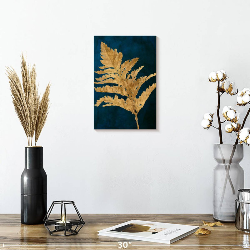 Harnek, feuilles d'or sur bleu marine I, H 30 po x l 20 po