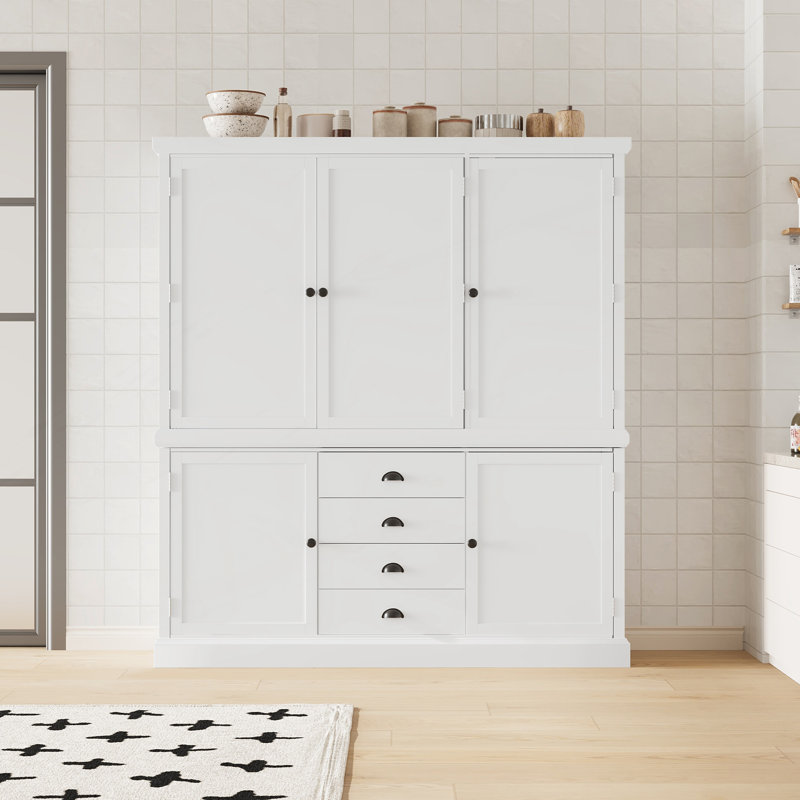 Armoire de cuisine autoportante avec tiroirs, tablettes de porte et tablettes réglables, Blanc