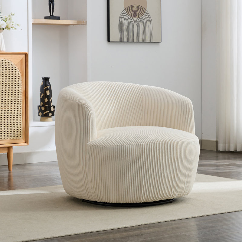 34.23" W Upholstered Swivel Barrel Chair, Ivory Polyester