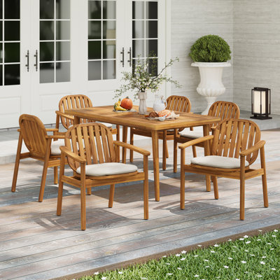 Driftway 7-Piece Coastal Modern Patio Acacia Wood Dining Set With Cushions