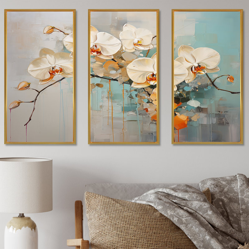 Orchidées beiges tranquillité - ensemble d'art mural orchidées, Cadre flottant doré, H 28 po x l 36 po x P 1 po