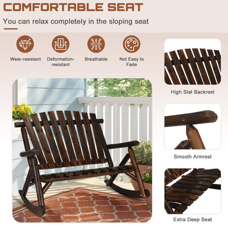 Rustic Carbonized Wood 2-Person Outdoor Rocking Bench