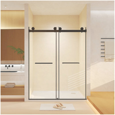 Frameless Double Sliding Shower Door 44-48 "W x 74" H, 5/16 "(8mm) Tempered Glass, Explosion Proof Film, Stainless Steel Handle, Square Tube Track, Matte Black