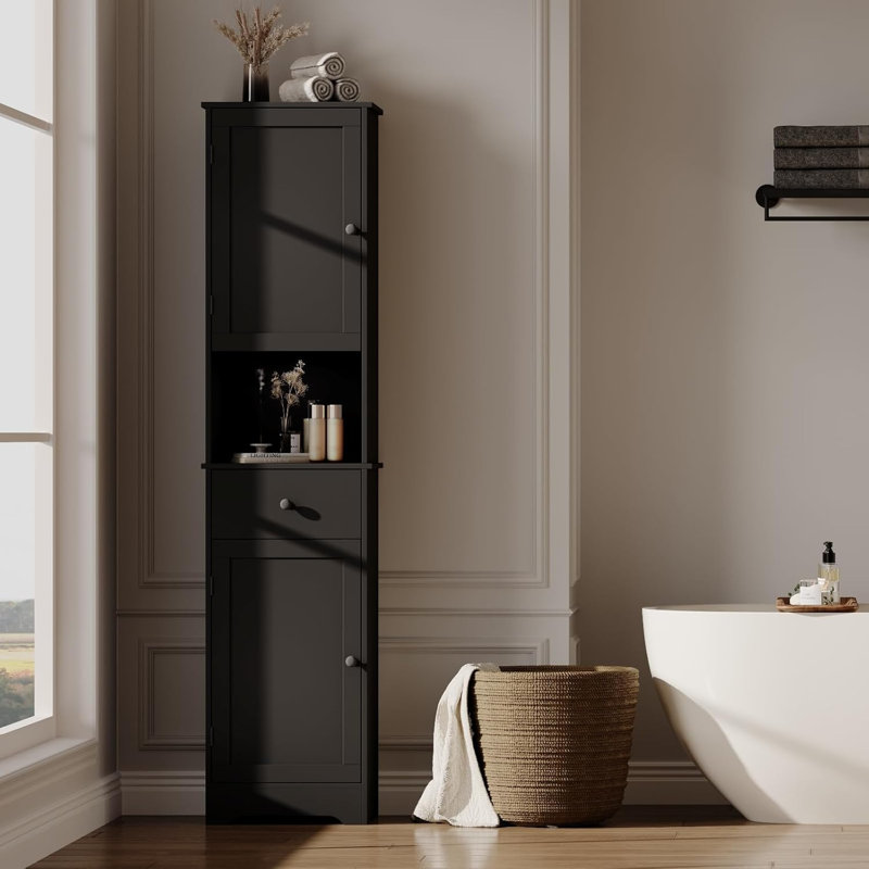Armoire de salle de bain haute, armoire de rangement avec 2 portes et 2 tiroirs, avec tablette ajustable, pour salle de bain, cuisine, entrée, chambre à coucher (noir)