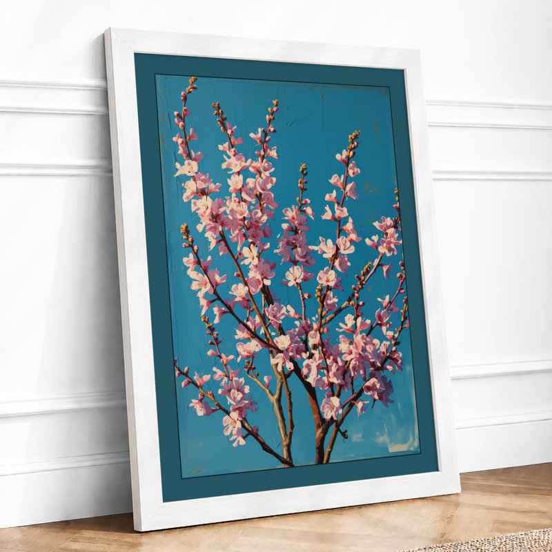 Cherry Blossom Branch Botanical - Framed Print, A2 - 59.4 x 42.0 cm, White