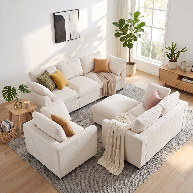 Ensemble de meubles de salon 4 pièces, 3 places + causeuse + fauteuil + repose-pieds mobile, canapé rembourré en chenille à assise profonde avec structure en bois massif et comprend 3 coussins décoratifs