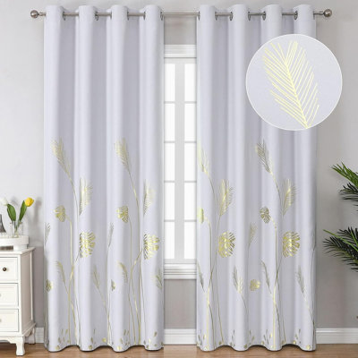Greyish White Thermal Insulted Curtains 96 Inches Long Room Darkening Light Filtering Window Curtains With Gold Palm Leaf And Wheat Pattern For Bedroom, 52Wx96l, 2 Drapes