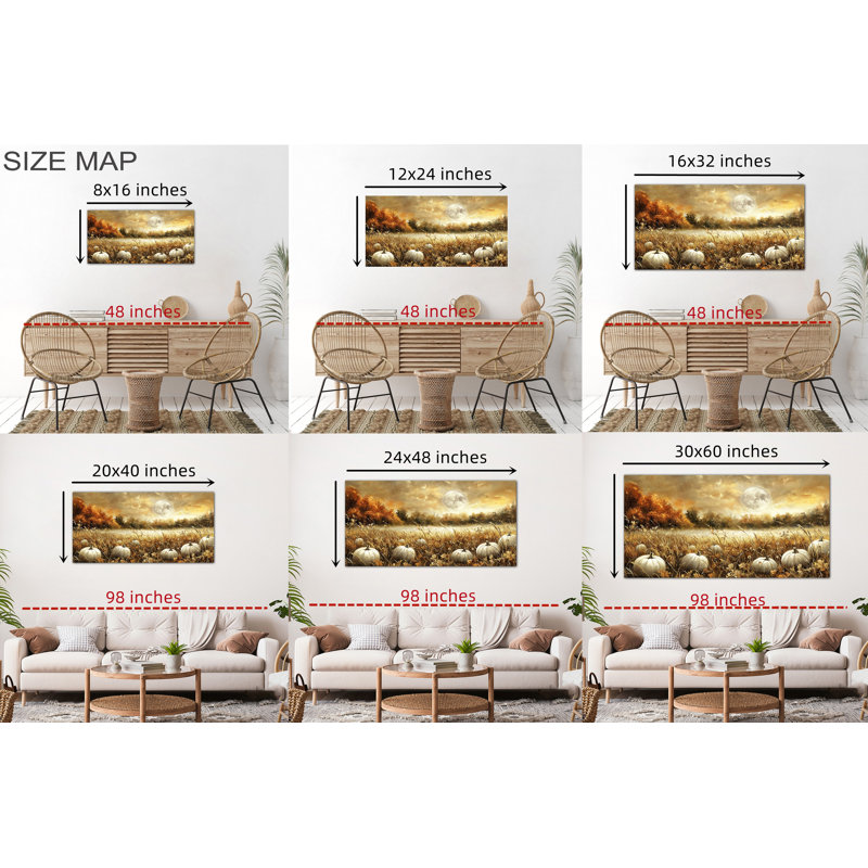 Large Autumn Field Wall Art - Pumpkin Patch Pictures Wall Decor, Full Moon Fall Canvas Wall Art for Living Room, Thanksgiving Harvest Painting for Home Wall Decor, Wrapped Canvas Art Pine Frame, 30×60 inches