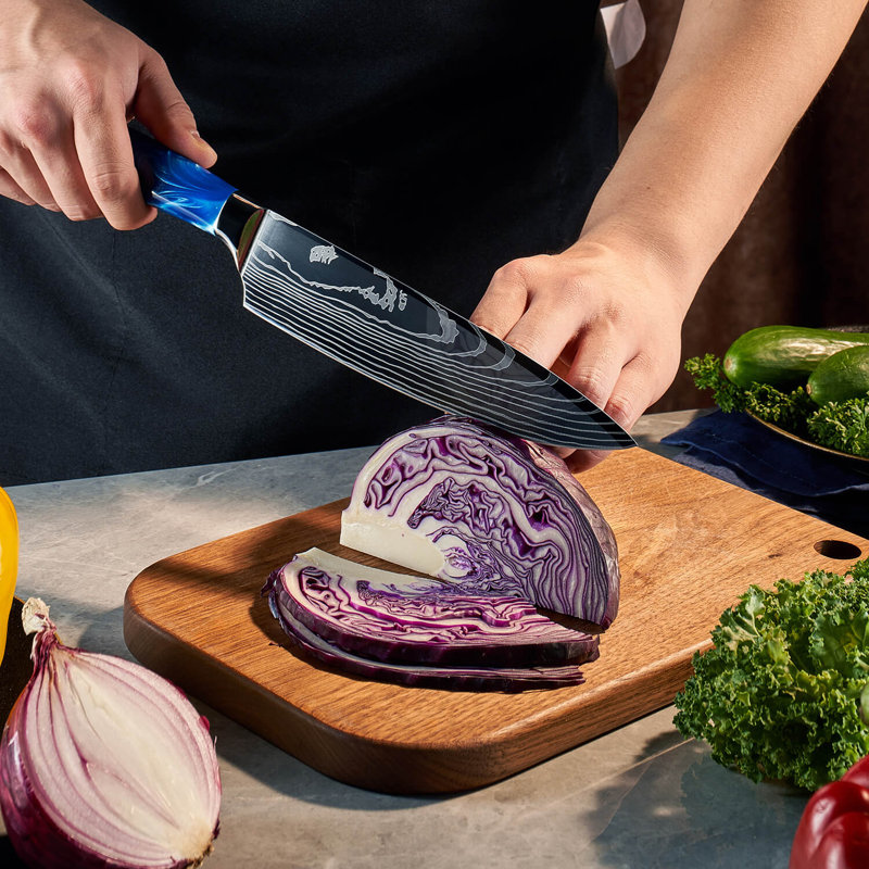 Senken Knives Senken Knives 8-Piece Japanese Kitchen Knife Set With Damascus Blade Pattern & Blue Resin Handles - Cerulean Collection Professional Chef Knife Set with Gift Box