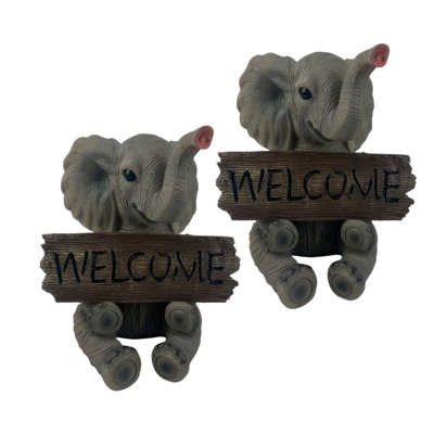 «2-PC Set» ICE ARMOUR 7 "H Éléphant avec signe de bienvenue Figurine Figurine Ornement de décoration maison / chambre et idées de cadeaux parfaits pour le réchauffement de la maison, les fêtes et les anniversaires