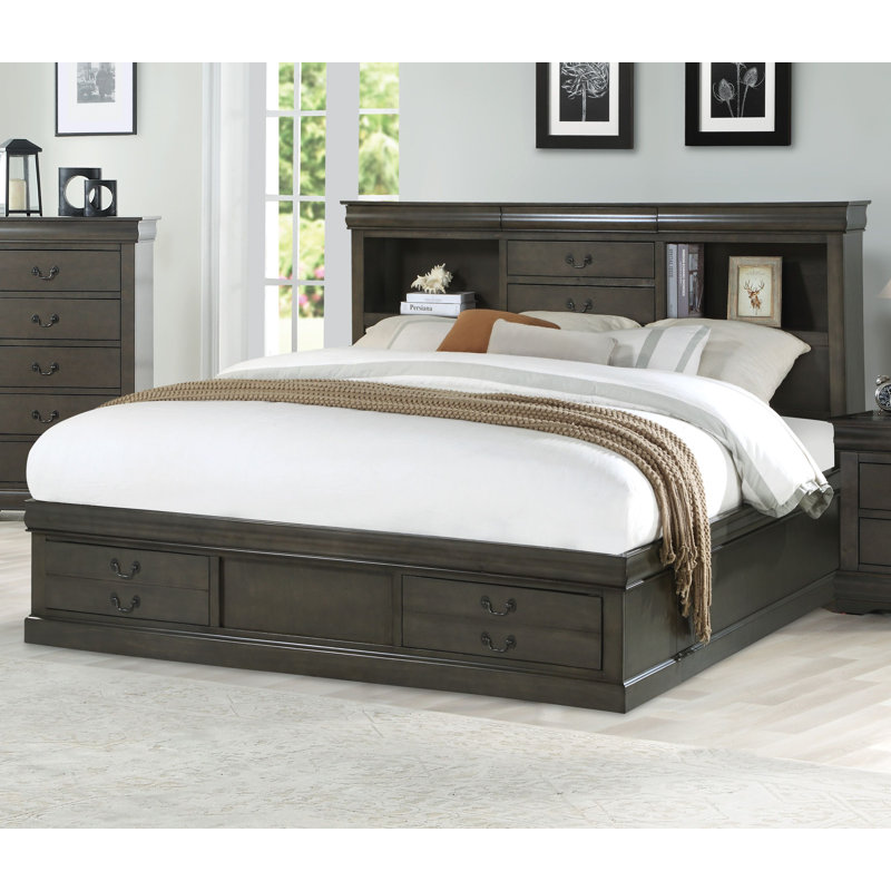 Covertt Solid Wood Bookcase Storage Bed, Queen, Dark Gray