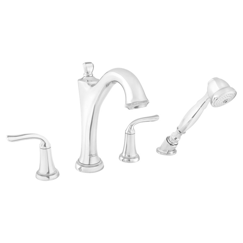 Robinet de baignoire romaine à fixation sur plateau à poignées doubles avec inverseur et douche à main Patience, Chrome poli