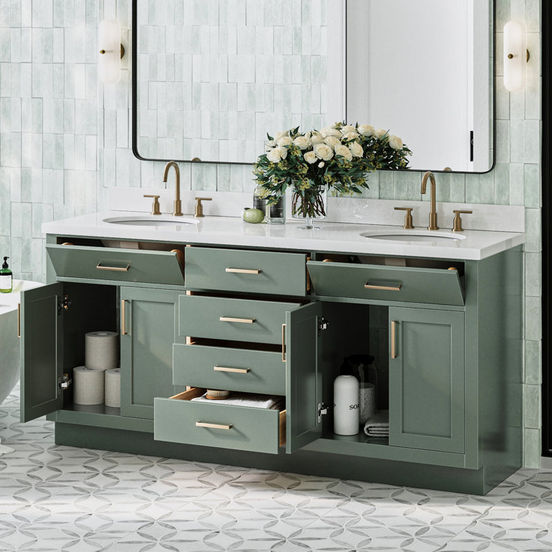 Meuble-lavabo double en bois massif 72 po Tidworth avec plateau en quartz blanc 1,5 po, Ovale, Vert rétro