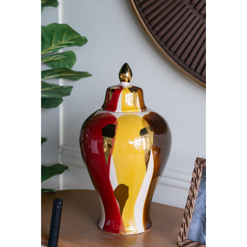 Curved Ceramic Jar with Artistic Multicoloured Finish, 13.8" H X 7.7" W X 7.7" D, Yellow/Red