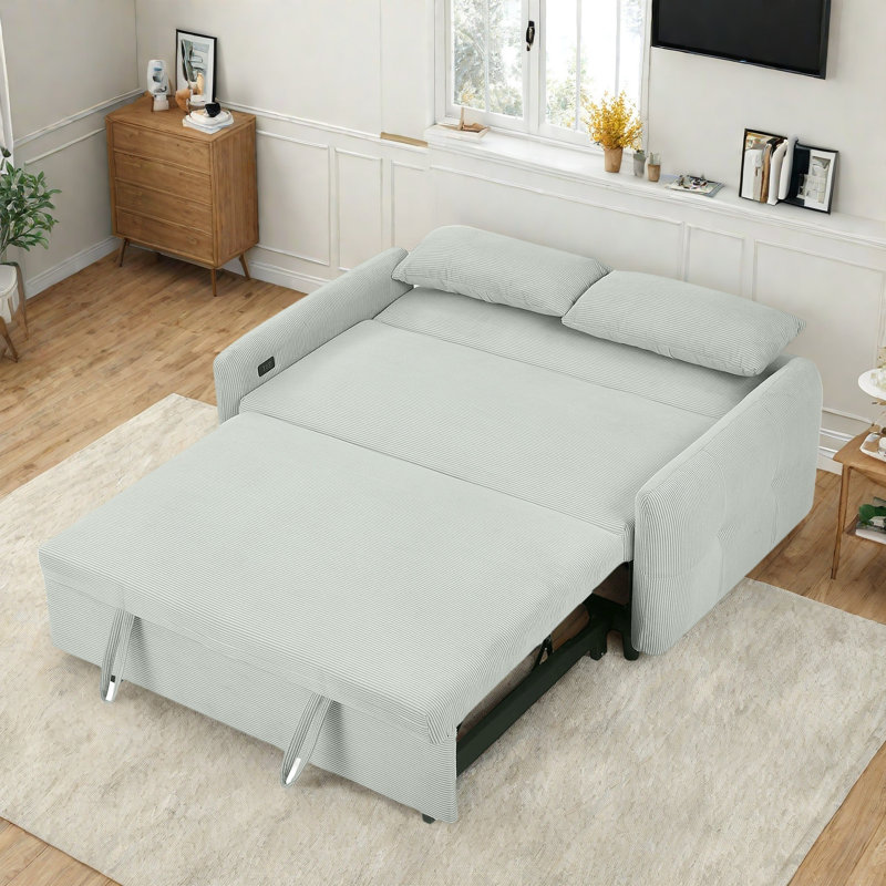 Canapé-lit coulissant avec deux coussins décoratifs, ports USB, dossier réglable à 3 niveaux