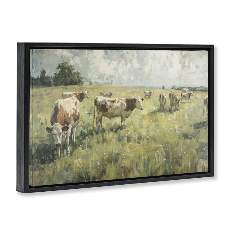  Toile flottante encadrée «Roking Cows in Grasslands» par LSR Design Studio, H 17 po x l 25 po, Cadre flottant noir de jais